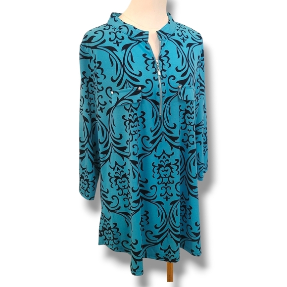 BEPEI - 2XL Aqua Blue Patterned Women's Top - Picture 2 of 7